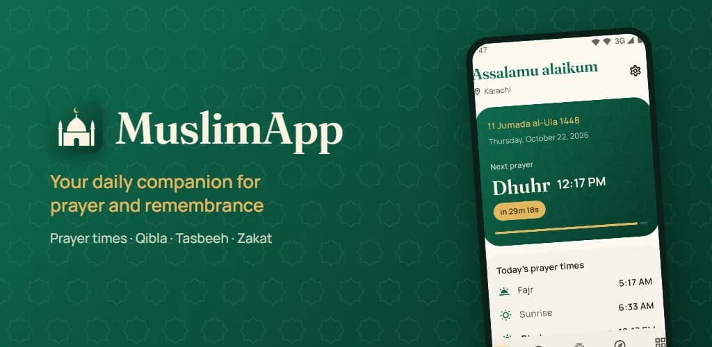 MuslimApp feature graphic: daily companion for prayer and remembrance