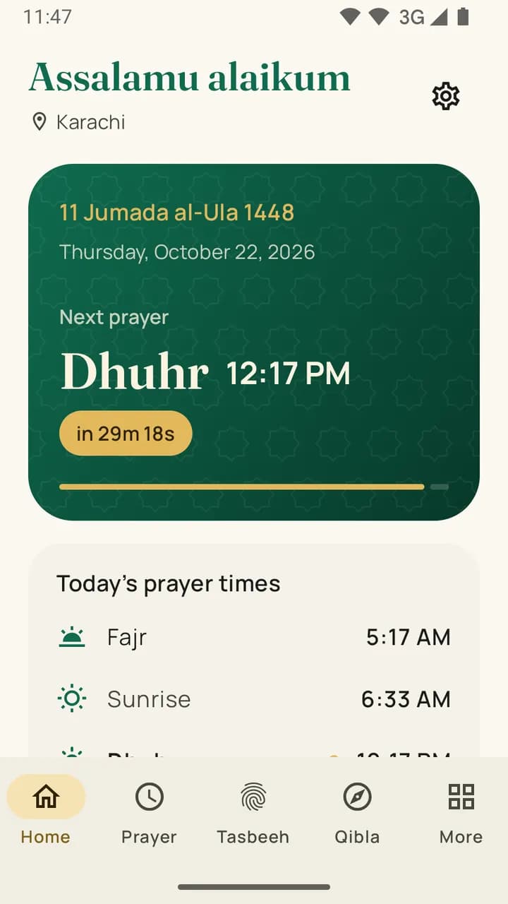MuslimApp home screen showing the next prayer and today's prayer times