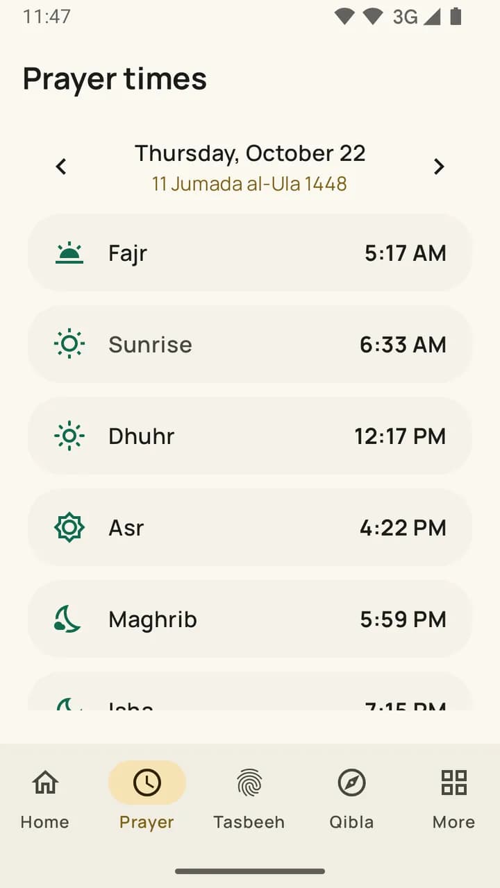 MuslimApp prayer times screen
