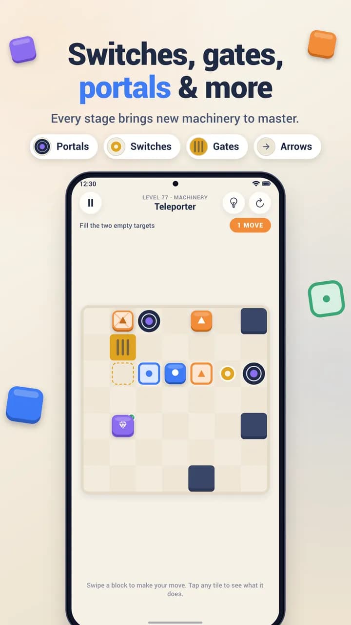 One Move Left level with switches, gates and portals